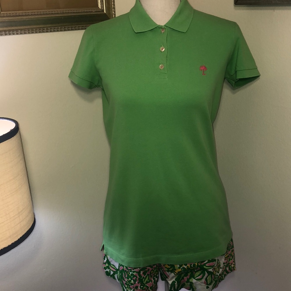 Lilly Pulitzer Green Polo Top with Pink Palm Logo - Size Small